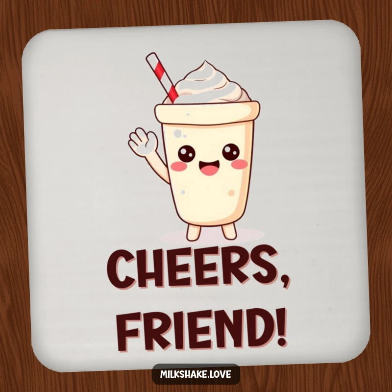 Funny Coaster featuring a petite Kawaii milkshake with a happy expression, waving hello to protect your furniture.