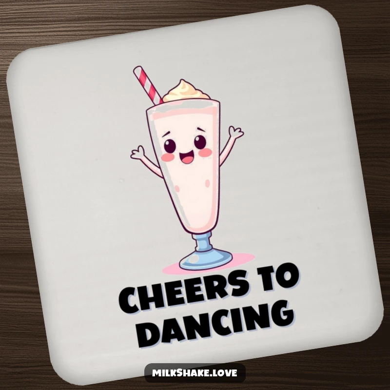 Funny Kawaii milkshake in a tall glass, doing a happy dance, featured on drink coasters for sweet and cheerful protection.