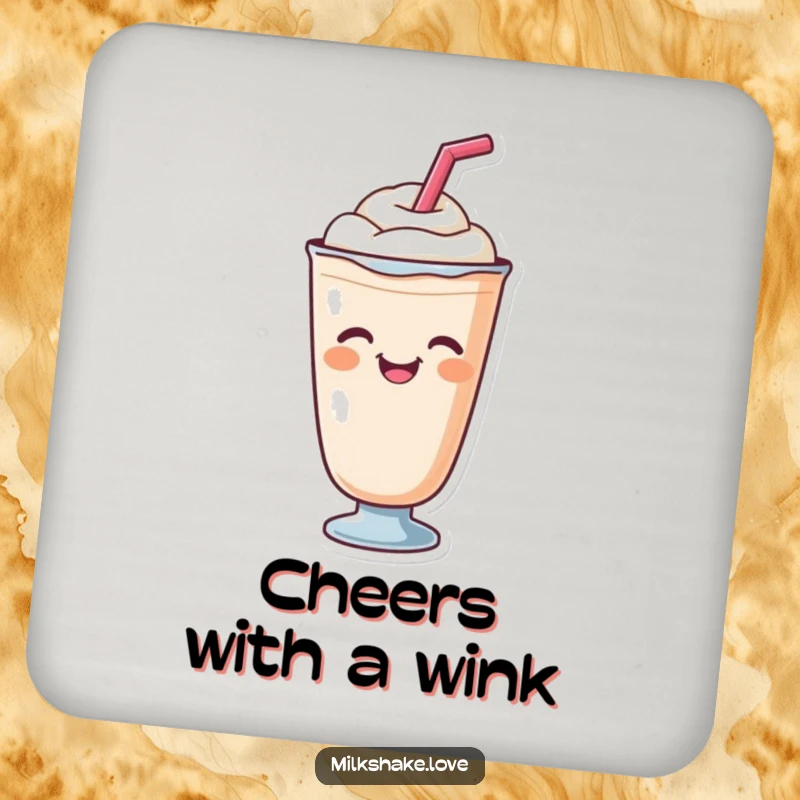 A cute milkshake with a straw giving a cheerful wink, featured on a protective and funny drink coaster.
