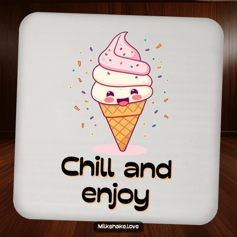 Funny coaster featuring a happy ice cream cone spinning with sprinkles flying, offering sweet protection with joyful flair.