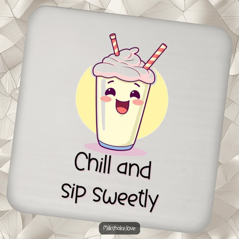 Funny kawaii milkshake coaster, giggling and pointing upwards with an excited flourish, a humorous and protective drink accessory.