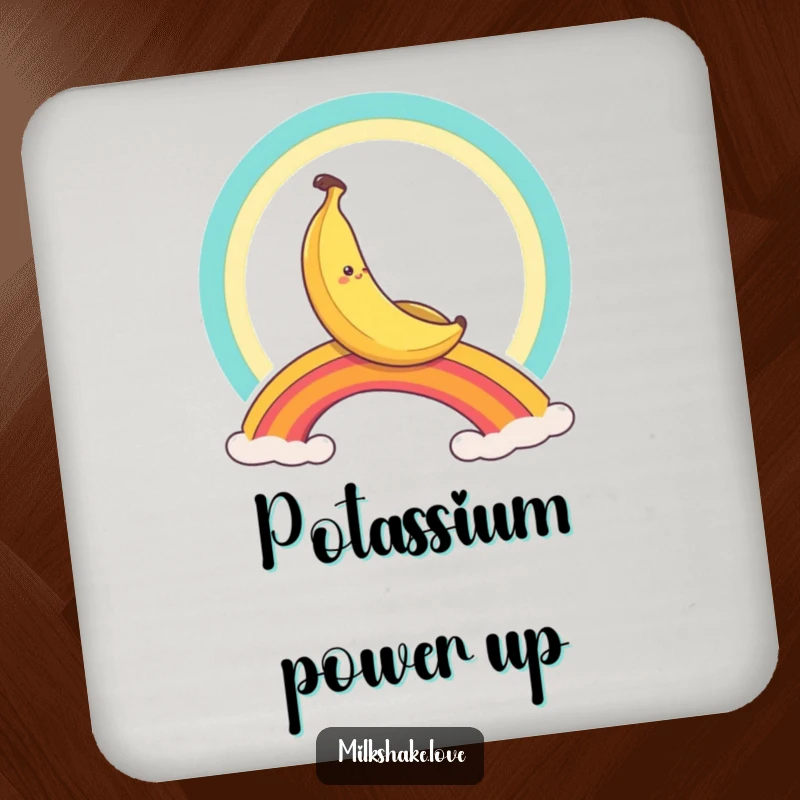 Funny banana character sliding down a rainbow, humorous drink coasters for surface protection.