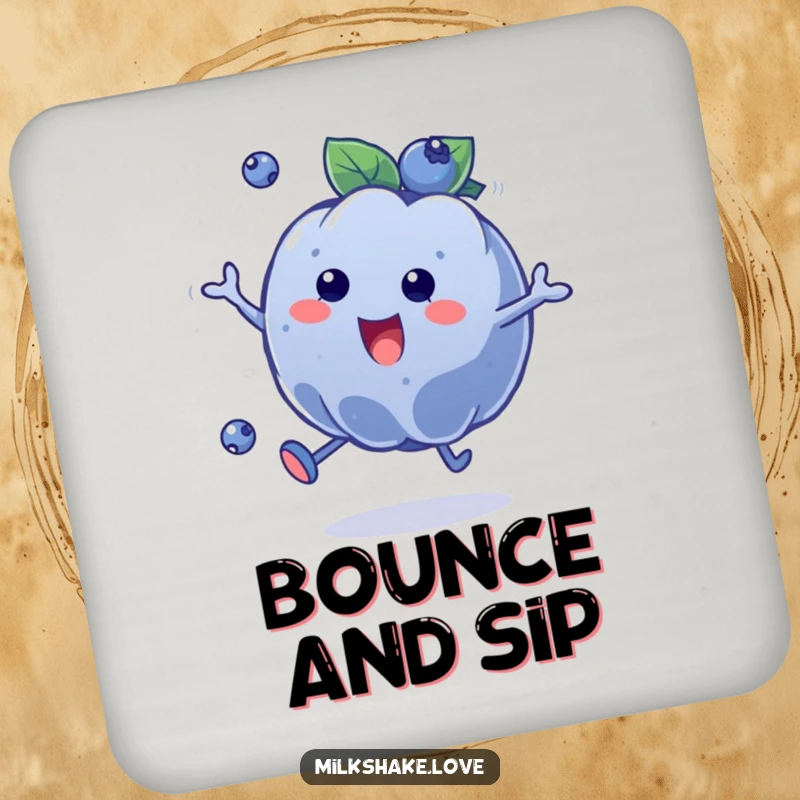 Funny Blueberry Bounce Coaster featuring a plump blueberry character in a happy bounce, protecting surfaces with playful charm.