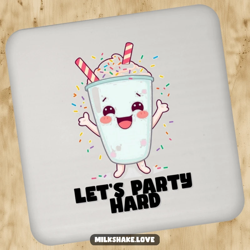 Funny drink coaster with a cheerful milkshake character cheering with exploding sprinkles.