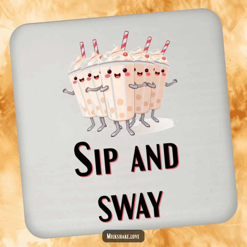 Funny drink coaster featuring mini milkshakes in a synchronized dance, a humorous and protective accessory for any surface.