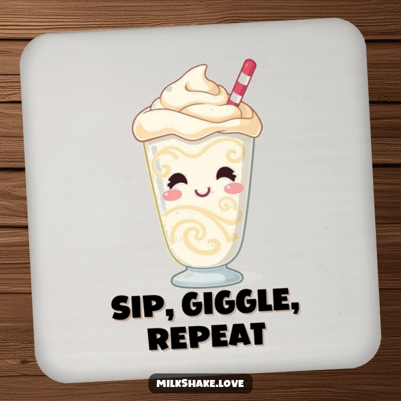 Funny Milkshake Coaster with a giggling character featuring swirling patterns and a bubbly demeanor, offering surface protection with a fun and cheerful design.