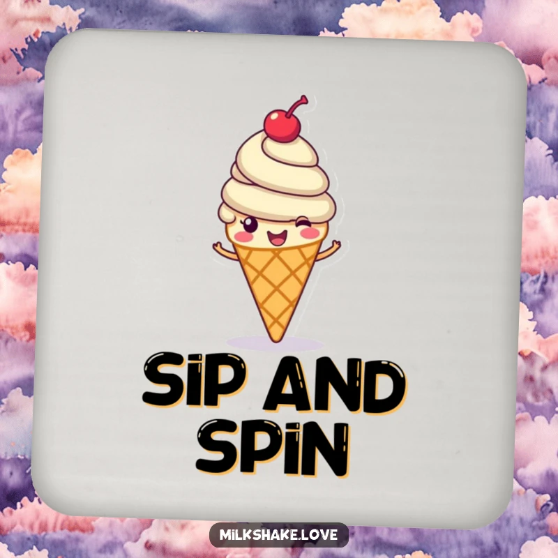 Funny ice cream cone coaster, a cheerful ice cream cone with a cherry on top spinning happily, stylish funny gift.