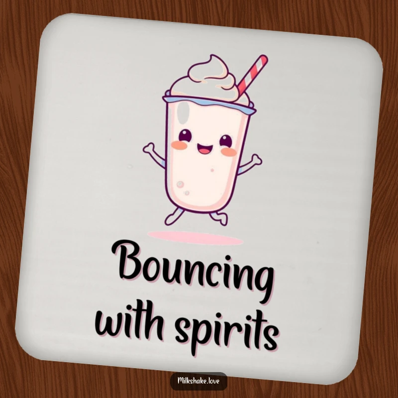 Funny Kawaii Milkshake character in a happy bounce on a cute drink coaster.