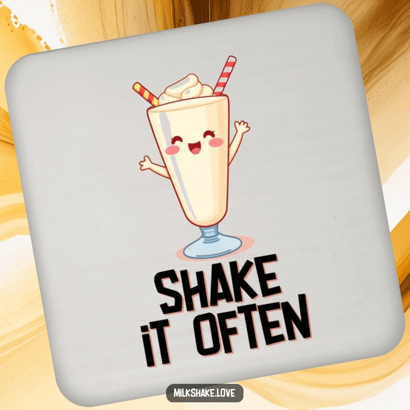 Funny Kawaii milkshake coaster, featuring a cheerful milkshake in a dancing pose, protecting furniture with humor.