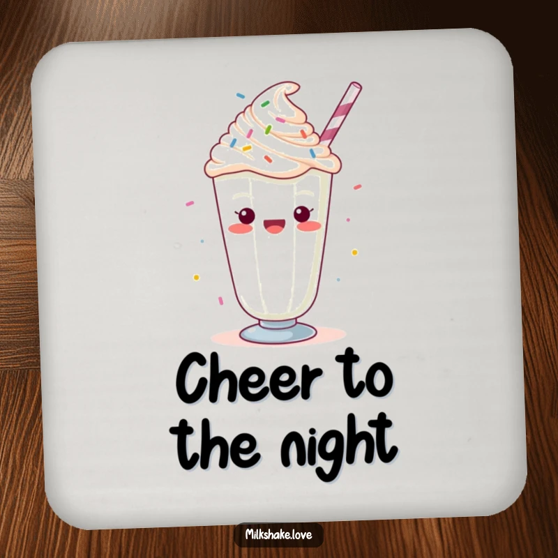 Funny Kawaii milkshake with whipped cream and sprinkles, cheering, featured on drink coasters for sweet and festive protection.
