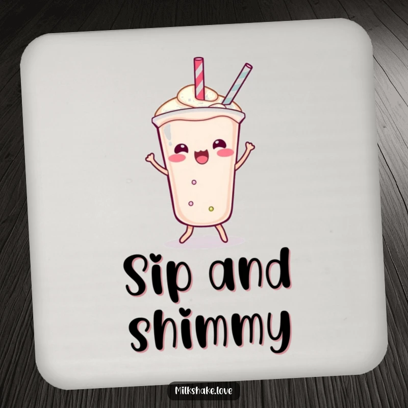 Funny Coaster featuring a Kawaii milkshake doing a playful shimmy, its straw dancing to add a fun, energetic vibe to your table.
