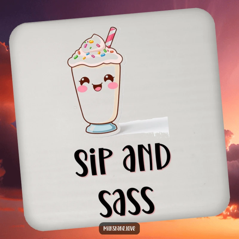 Funny Kawaii Milkshake character making a funny face with sprinkles on a cute drink coaster.