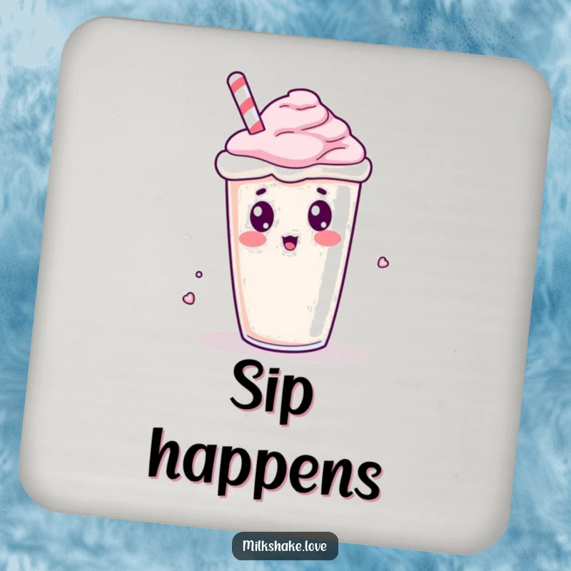 Funny Kawaii Milkshake Coaster: A surprised milkshake character spilling, adding humor to drink protection.