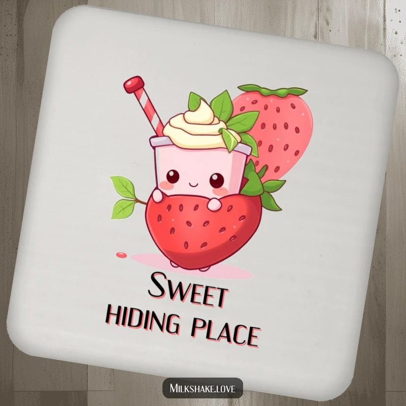 Funny Kawaii Milkshake character hiding behind a giant strawberry on a cute and functional drink coaster.