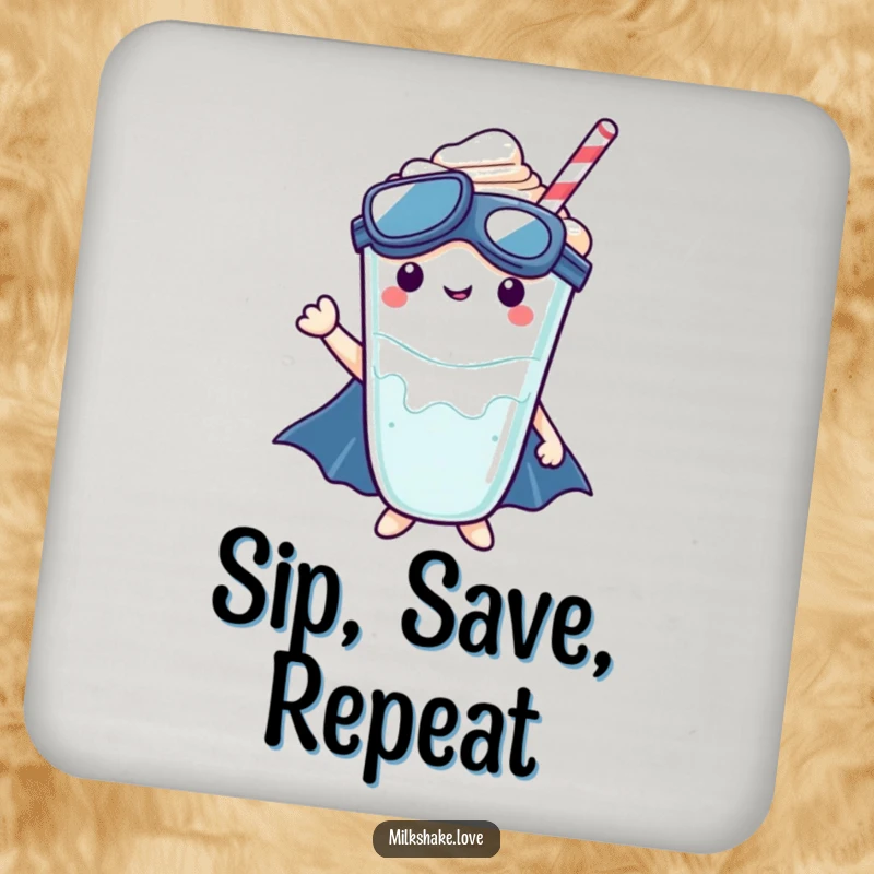 Kawaii milkshake character as a superhero on a drink coaster, adding heroic humor to beverage service.