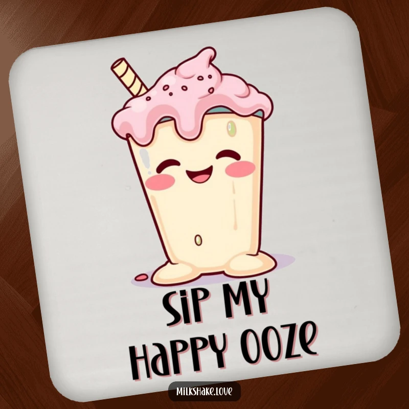 Funny melting milkshake with a goofy grin slumping happily, featured on a set of drink coasters. Cute and protective.