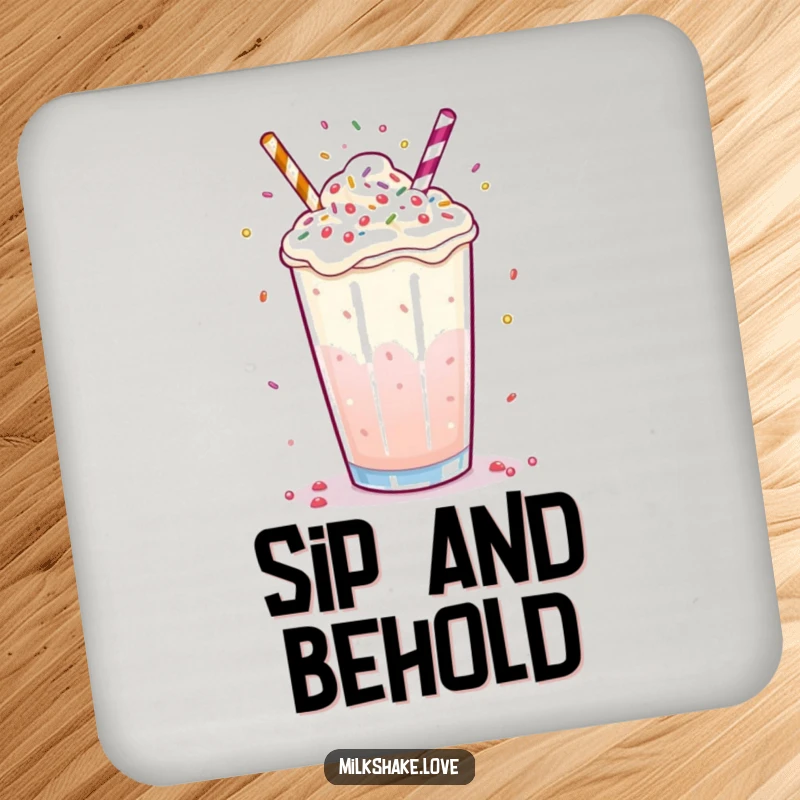Funny milkshake drink coaster showing a bubbly drink juggling tiny sprinkles with its surface, perfect for table protection.