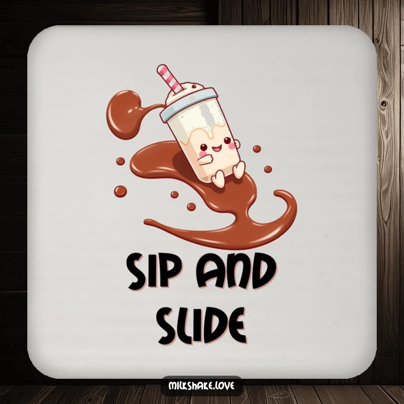 Funny drink coaster showing a milkshake sliding down chocolate syrup, protecting surfaces with sweet humor.