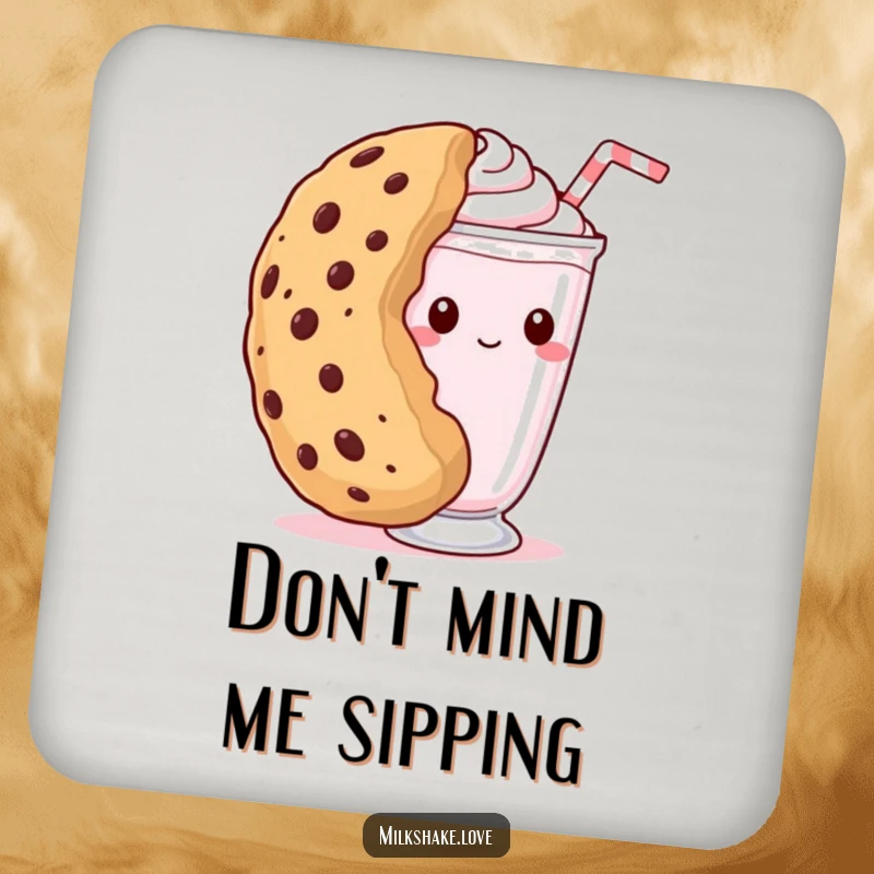 Funny kawaii milkshake coaster featuring a shy milkshake peeking from behind a giant cookie, a humorous and protective drink accessory.