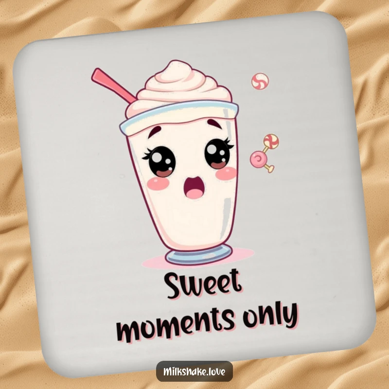 Funny drink coaster with a surprised milkshake character wide-eyed at a passing candy.
