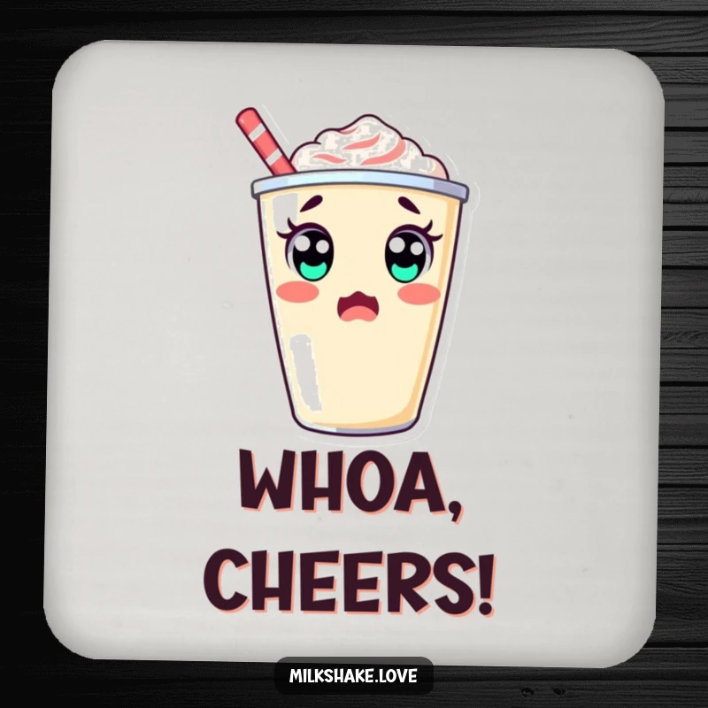 Surprised kawaii milkshake cup with big eyes doing a double take, a set of funny drink coasters.