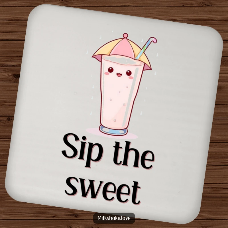Funny Drink Coasters featuring a kawaii milkshake glass with a tiny umbrella, enjoying sugary rain, adding sweet and humorous charm.