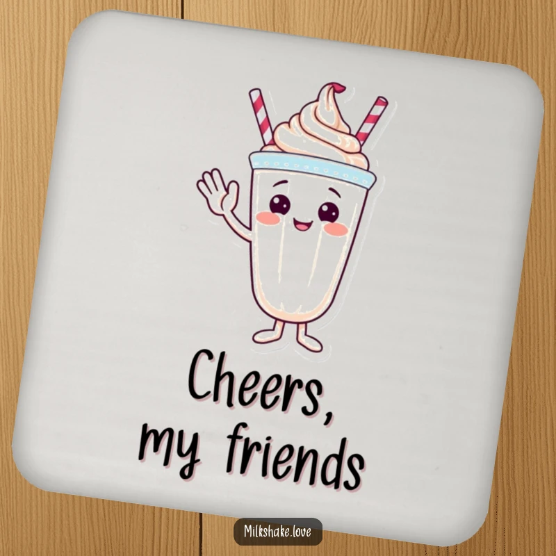 Funny drink coaster with a milkshake character waving hello with whipped cream.