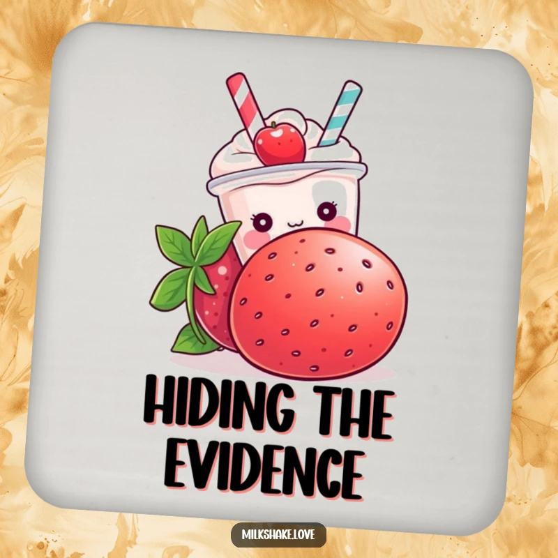 Funny Kawaii milkshake character hiding behind a large strawberry on a decorative drink coaster.