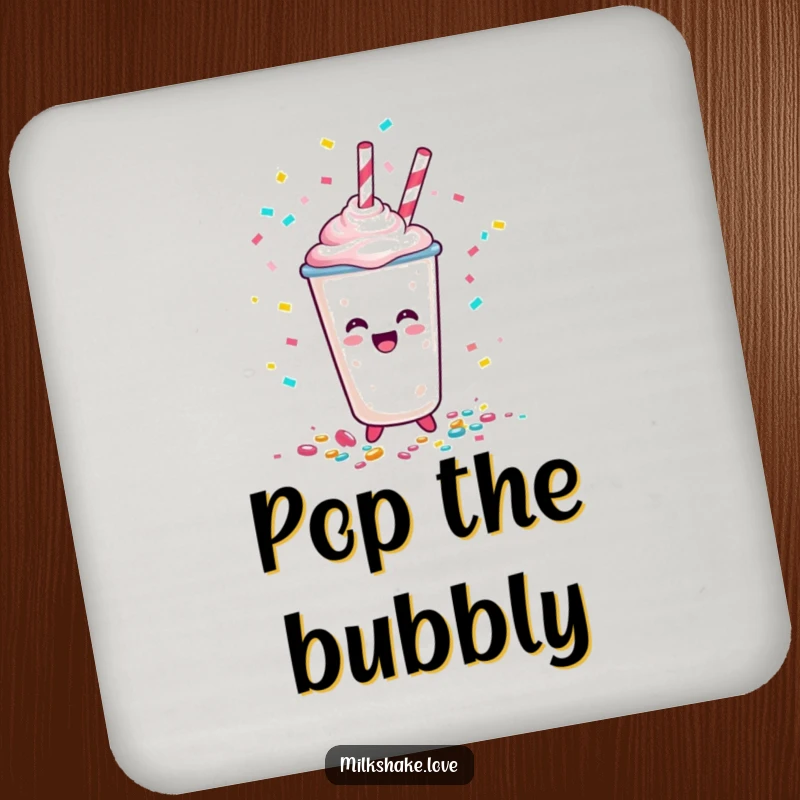 Funny Happy Milkshake Cup Coaster, a cartoon character spilling confetti, providing festive and fun protection for tables, a small celebration.