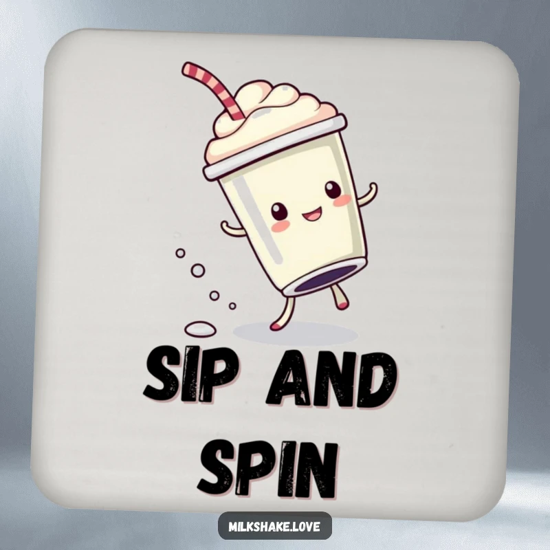 Funny Drink Coasters featuring a kawaii milkshake cup doing a cartwheel with bubbly drops, adding energetic fun to tabletops.