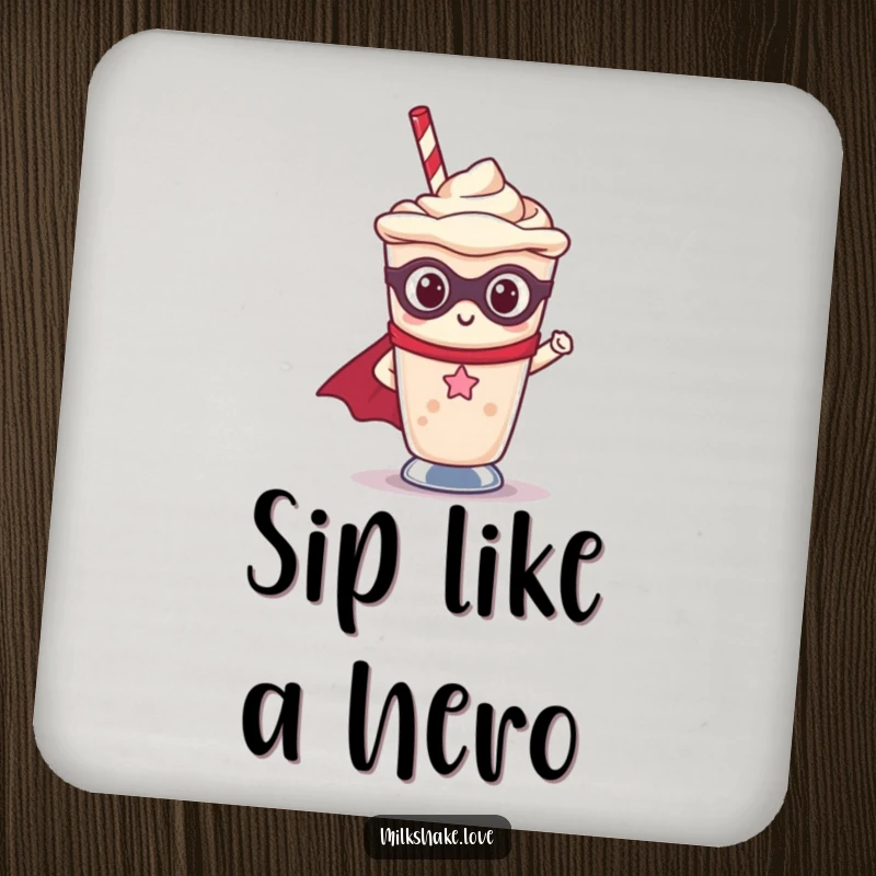 Funny Kawaii milkshake superhero character protecting a drink with a small shield on a decorative coaster.