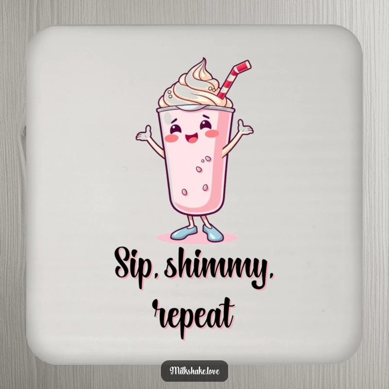 Funny kawaii milkshake coaster showing a cute, dancing milkshake with whipped cream doing a joyful shimmy, a humorous and protective drink accessory.