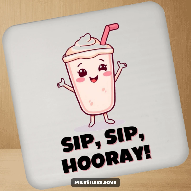 Funny Smiling Milkshake Coaster showing a happy dancing milkshake with a straw, perfect for surface protection with sweetness and fun.