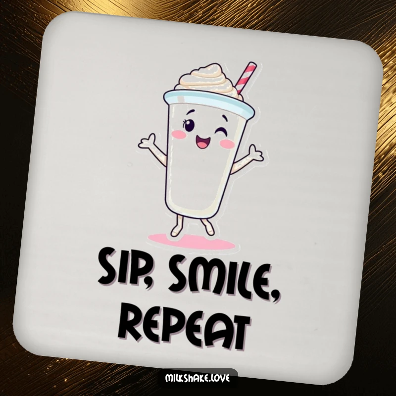 Funny Milkshake Cup Coasters featuring a smiling milkshake character dancing joyfully. Adds sweet humor to any surface.