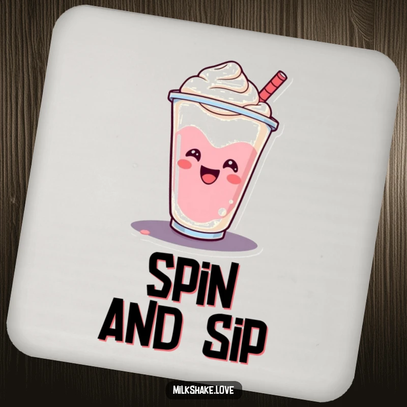 Funny smiling milkshake cup doing a cheerful spin, serving as a functional and humorous drink coaster.