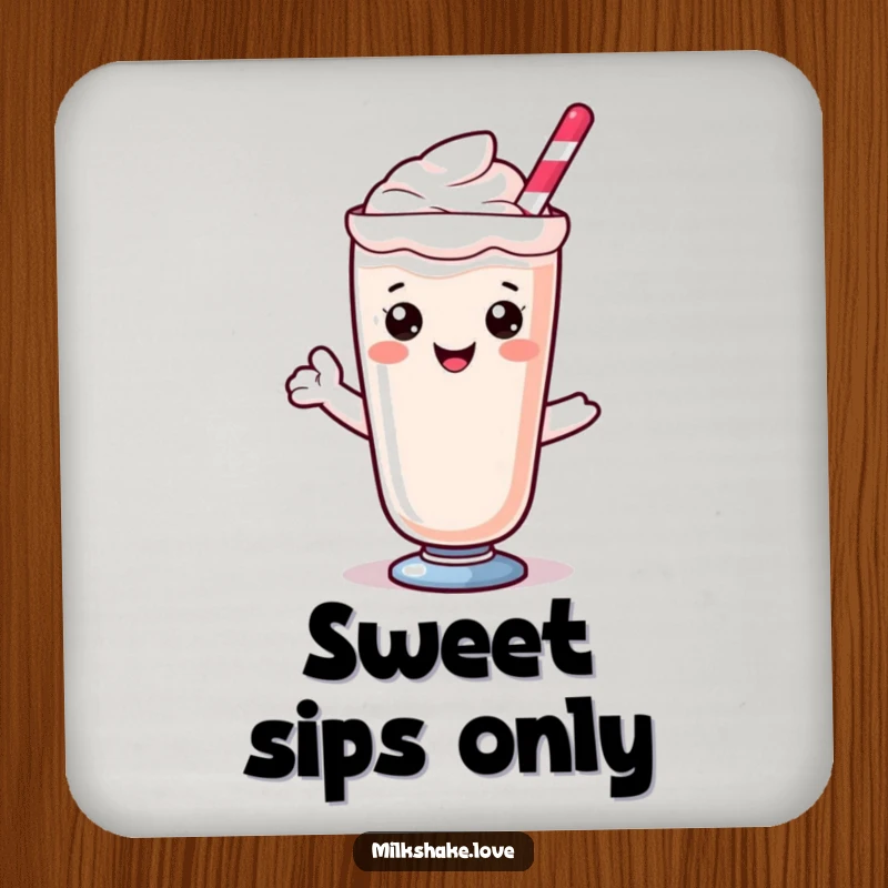 Kawaii milkshake character with a sweet smile on a drink coaster, adding charming humor to beverage service.