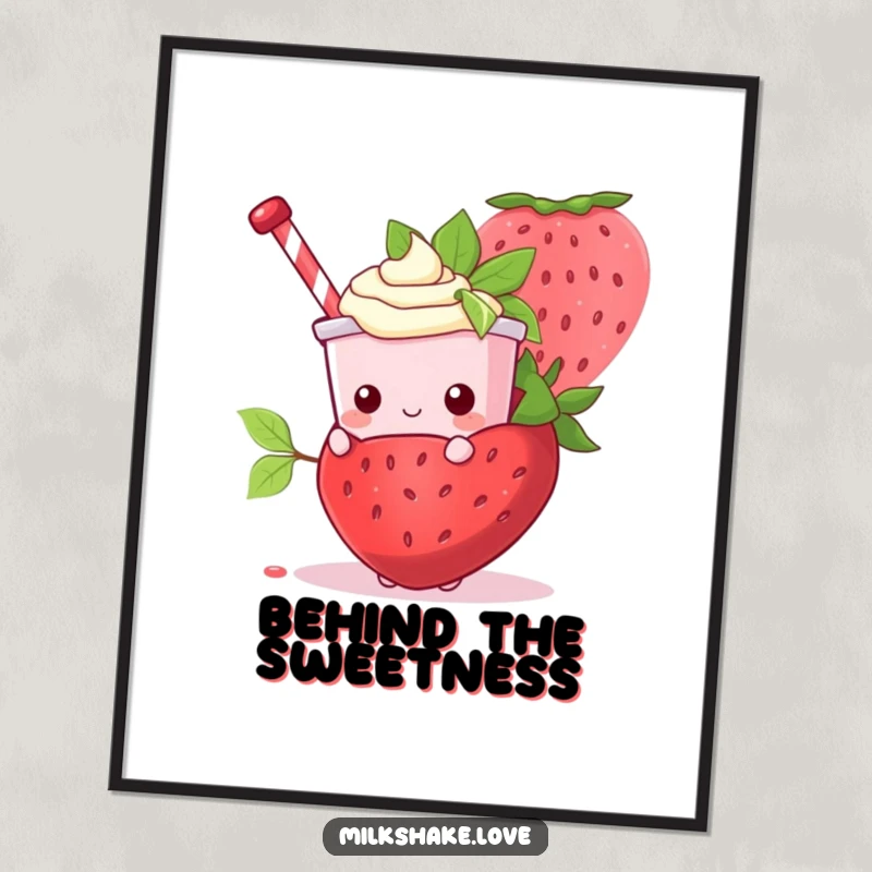 Funny Kawaii Milkshake character peeking shyly from behind a huge strawberry in this vibrant wall art.