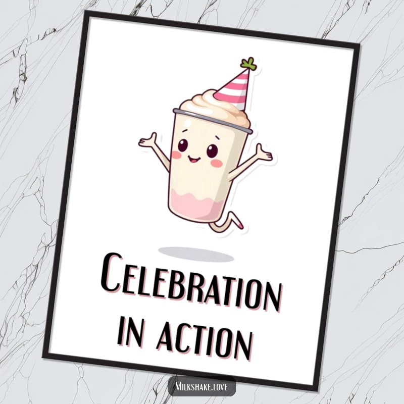 Funny Milkshake Cup Poster featuring a smiling milkshake character in a party hat doing a cartwheel. Adds festive and humorous decor.