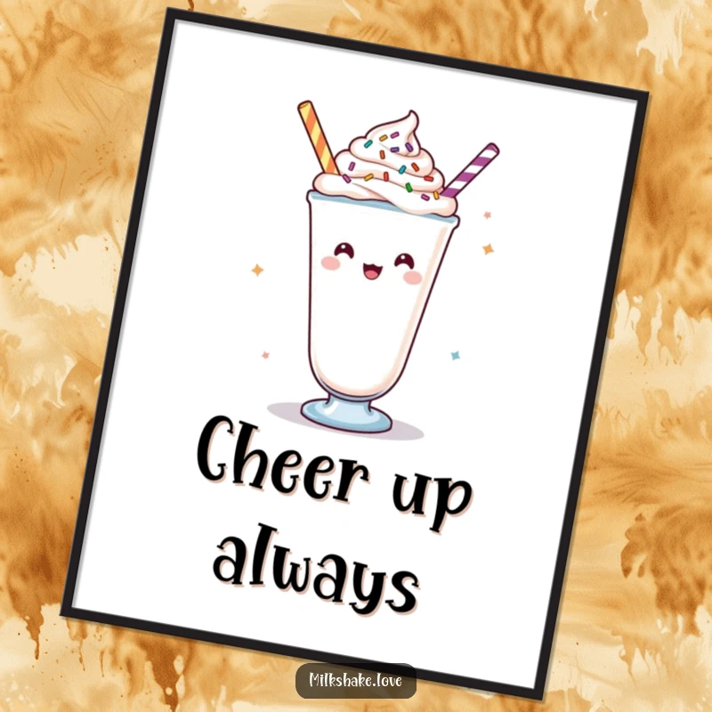 Funny Kawaii milkshake poster, a celebratory design of a milkshake with toppings cheering, perfect for motivational wall art.