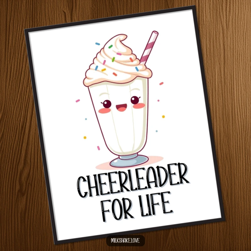 Funny Kawaii milkshake with whipped cream and sprinkles, cheering joyfully, presented as vibrant wall art for festive decor.