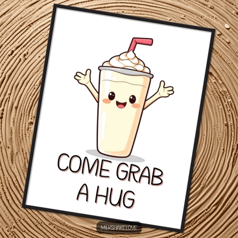 Funny poster print of a milkshake offering a friendly wave with open arms, adding cheerful humor to any room.