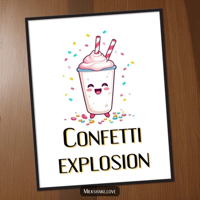 Funny Happy Milkshake Cup Poster, a cartoon character joyfully scattering confetti, creating a festive and celebratory atmosphere for wall art.