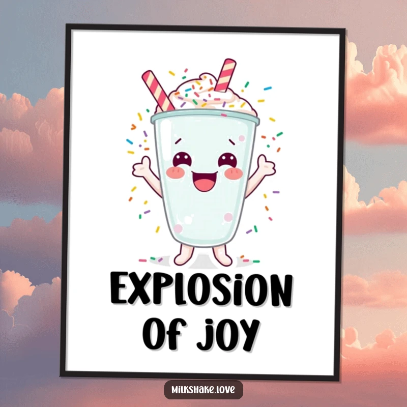 Funny poster featuring a happy milkshake character cheering with a colorful explosion of sprinkles.