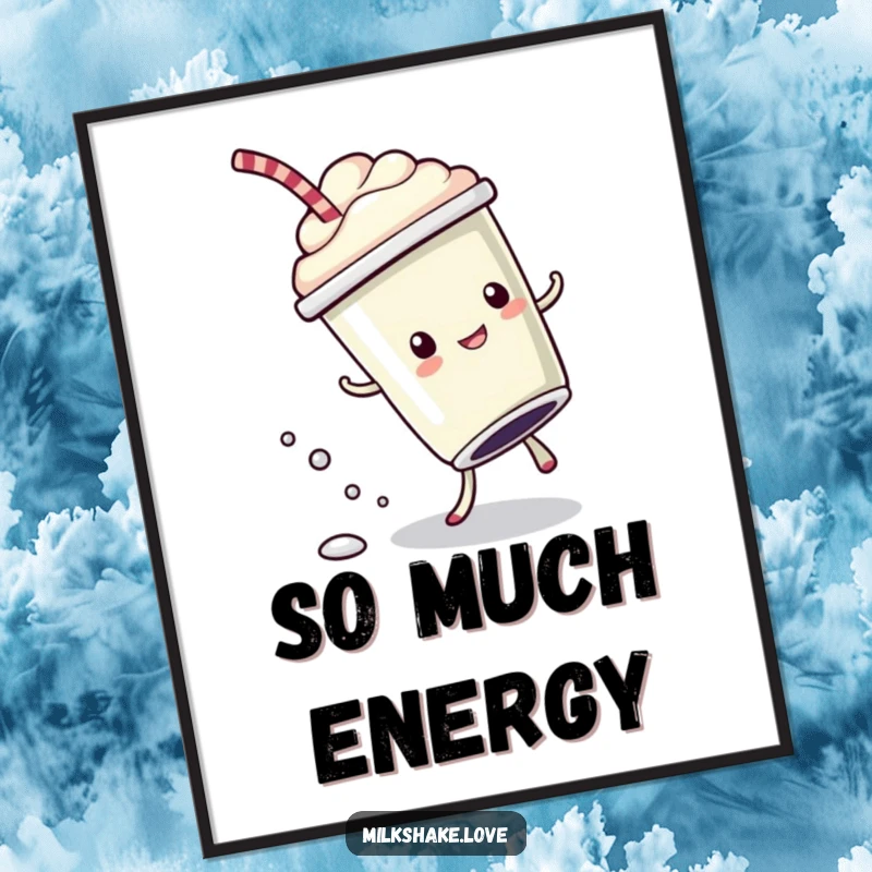 Funny Poster of a kawaii milkshake cup performing an energetic cartwheel with a trail of bubbly drops, capturing playful motion.