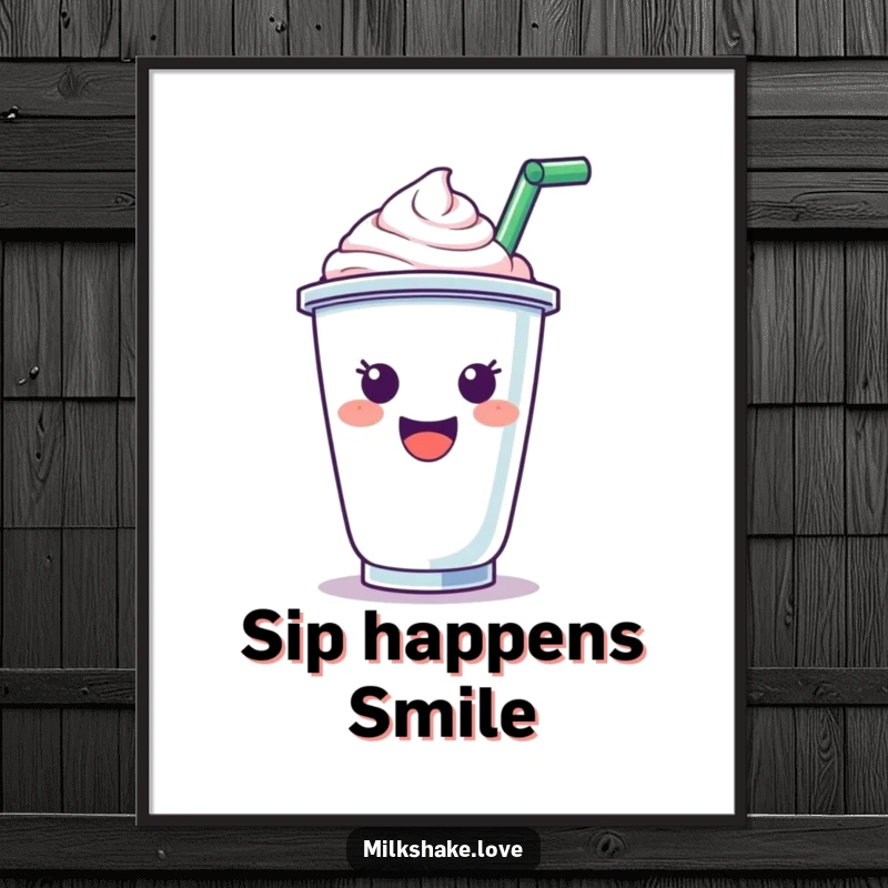Funny Poster: A delightful illustration of a milkshake cup character with a straw, exuberantly cheering, bringing a happy vibe.