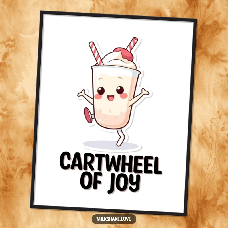 Funny Kawaii Milkshake Poster: A dynamic cartoon milkshake character in a cartwheel pose, adding a splash of vibrant humor to your decor.