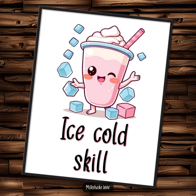 Funny Kawaii Milkshake Poster: A kawaii milkshake character juggling ice cubes, creating cool and humorous wall art.