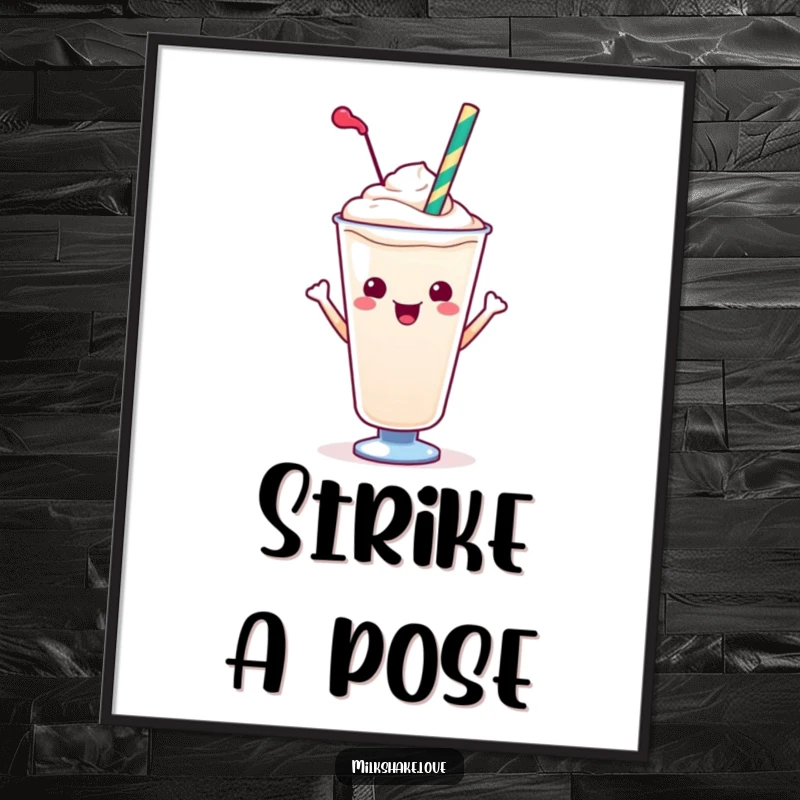 Funny Kawaii Milkshake Poster: A kawaii milkshake with a straw striking a fun pose, bringing cheerful decor.