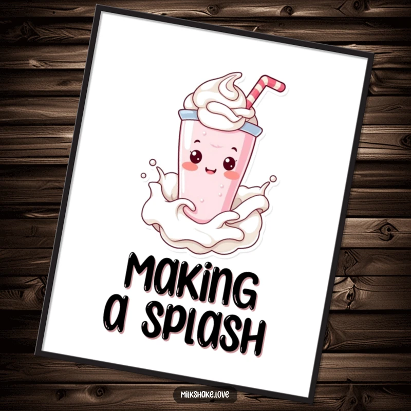Funny Poster showcasing a delightful Kawaii milkshake character gleefully splashing within a large swirl of whipped cream.