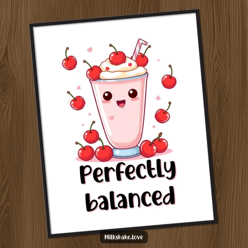 Funny Poster showcasing a Kawaii milkshake in the act of juggling multiple small cherries with an expression of pure joy.